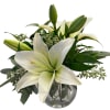 White lilies in a clear glass vase with dark greenery