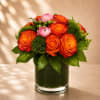 A vibrant designer arrangement featuring fiery orange roses, soft blush ranunculus, textured
