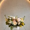 Beautiful compact arrangement with a mix of cream, peach and a hint