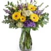 Brighten her day with this garden-inspired design featuring vibrant yellow gerberas, lavender
