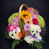 Two playful dog figures made from tightly clustered white carnations steal the