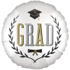 A round foil "GRAD" mylar balloon in white with black and gold