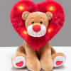 Plush teddy bear holding a red heart-shaped pillow with lights