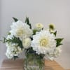 Puffy white flowers in a clear cylinder vase.