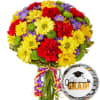 Bouquet of yellow, red, and purple flowers with a graduation balloon