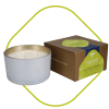 White candle in a metal tin beside a boxed candle set