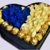 Exclusive heart-shaped box combining elegant royal blue and premium white roses, framed
