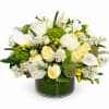 A fresh and elegant garden-style arrangement in crisp whites and vibrant spring