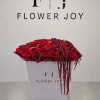 A dramatic arrangement of rich red roses accented with cascading burgundy amaranthus