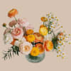 A sunlit, garden-fresh mix of peach and honey-yellow blooms greets the recipient