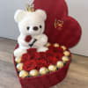 Beautiful velvet box with a teddy bear, Ferrero Rocher chocolates encased in
