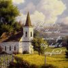 A church with a steeple and a Bible verse over a pastoral landscape