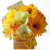 Yellow and orange bouquet with white orchids in a burlap-wrapped container