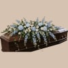 Soft blue hydrangeas and crisp white roses drape gently across a casket