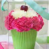Pink and white carnations in a green striped container