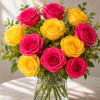 A cheerful summer bouquet featuring a dozen premium roses in vibrant hot