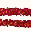 Red flower lei made of clustered blossoms on a white background