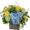 Blue hydrangeas and yellow roses in a wooden box arrangement