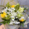 Bouquet of yellow roses and white daisies with green blooms wrapped in translucent paper