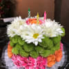 White daisies, Orange spray roses, Green buttons, Pink mini corns