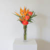 A striking vertical display of birds of paradise and orange roses that