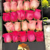 Box of pink and peach roses arranged in rows
