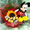 Bouquet of red roses, a sunflower, chocolates, and a Mickey Mouse plush