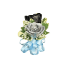 Corsage black and white roses, light blue ribbon. 