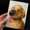 A playful close-up of a golden puppy with its tongue out and