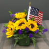 Happy 4th of July! with Sunflowers, Statice and Greens with a Flag.