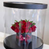 Red roses in a black hatbox with a clear dome cover