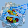 A burst of multicolored roses in vivid blue, red, yellow, pink and