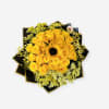 A tight halo of golden yellow roses frames a single sunflower at