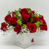 Red roses in a white square box with baby’s breath