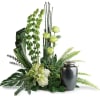 This elegant, Eastern-inspired arrangement of hydrangea and orchids surrounds the cremation urn