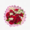 12 Red roses 
Wrapping paper will vary. 
Black, Pink, White (SPECIFY IF
