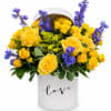 Sunshine &amp; Sapphire Hatbox &ndash; Bright yellow roses accented with purple delphinium