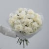 A refined bouquet of white roses and white carnations wrapped in elegant