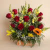 A bold and captivating arrangement set in a charming wooden rectangular box