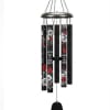 These black metal 21" wind chimes with a cardinal and flower design