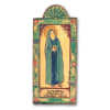 Decorative wall plaque with stylized figure of Elizabeth framed by a teal floral border