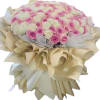 Large bouquet of pink and white roses wrapped in beige paper