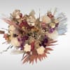 These dried flower bouquets include a dried leaf fan, wheat, babies breath