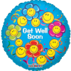 Round blue get well soon balloon with smiley flower graphics