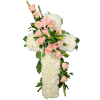 White cross with 1 dozen pink roses. 