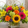 A bold sunflower crown pulls the eye in-this Summer Time Sunshine flower