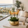 Potted yellow-orange orchids in a gold bowl on a patio table