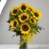 A cluster of vivid yellow sunflowers with bold dark centers creates an