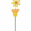 Decorative yellow flower pick in a striped pot with a green stake