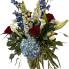 Patriotic arrangement of red roses, white calla lilies, white &amp; blue delphinium